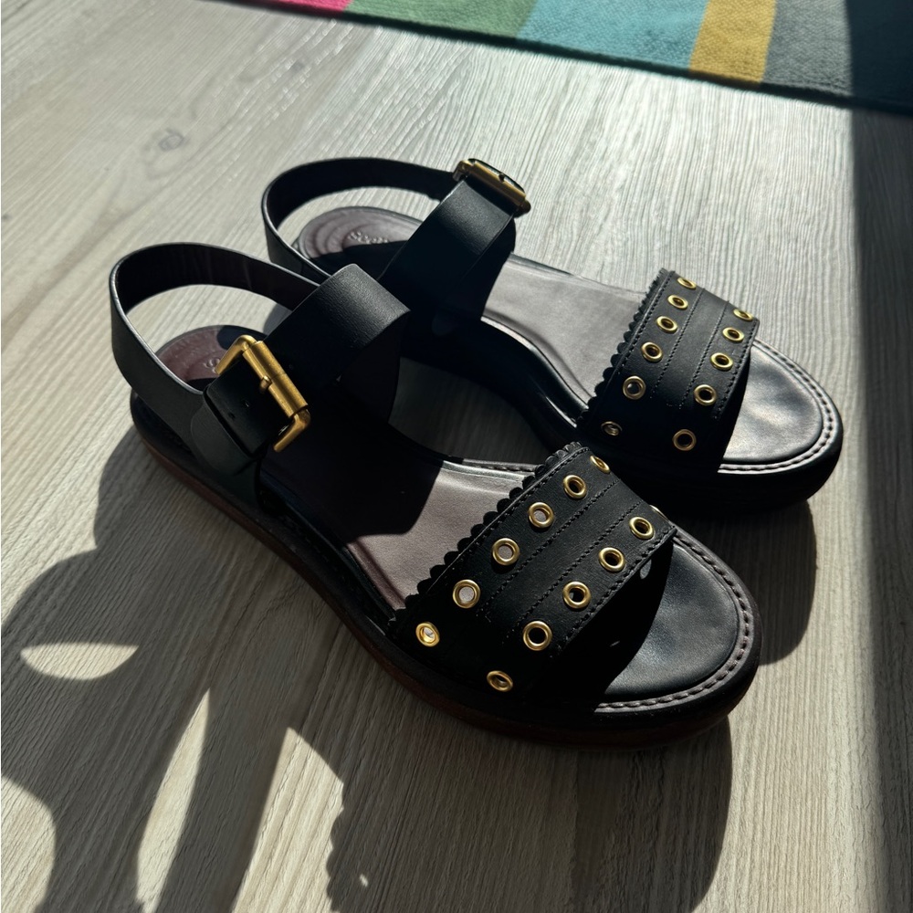 Chloe Black Leather Sandals with Gold Accents - Picture 5 of 5